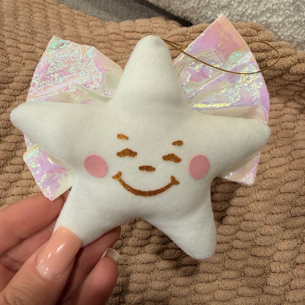 Vintage 1991 Carl’s Jr Star Plush Ornament Smiley Face Angel Bow Holiday Decor